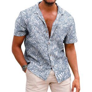 Men's Grey Hawaiian Floral Shirt Cotton Linen Button Down Tropical Shirt